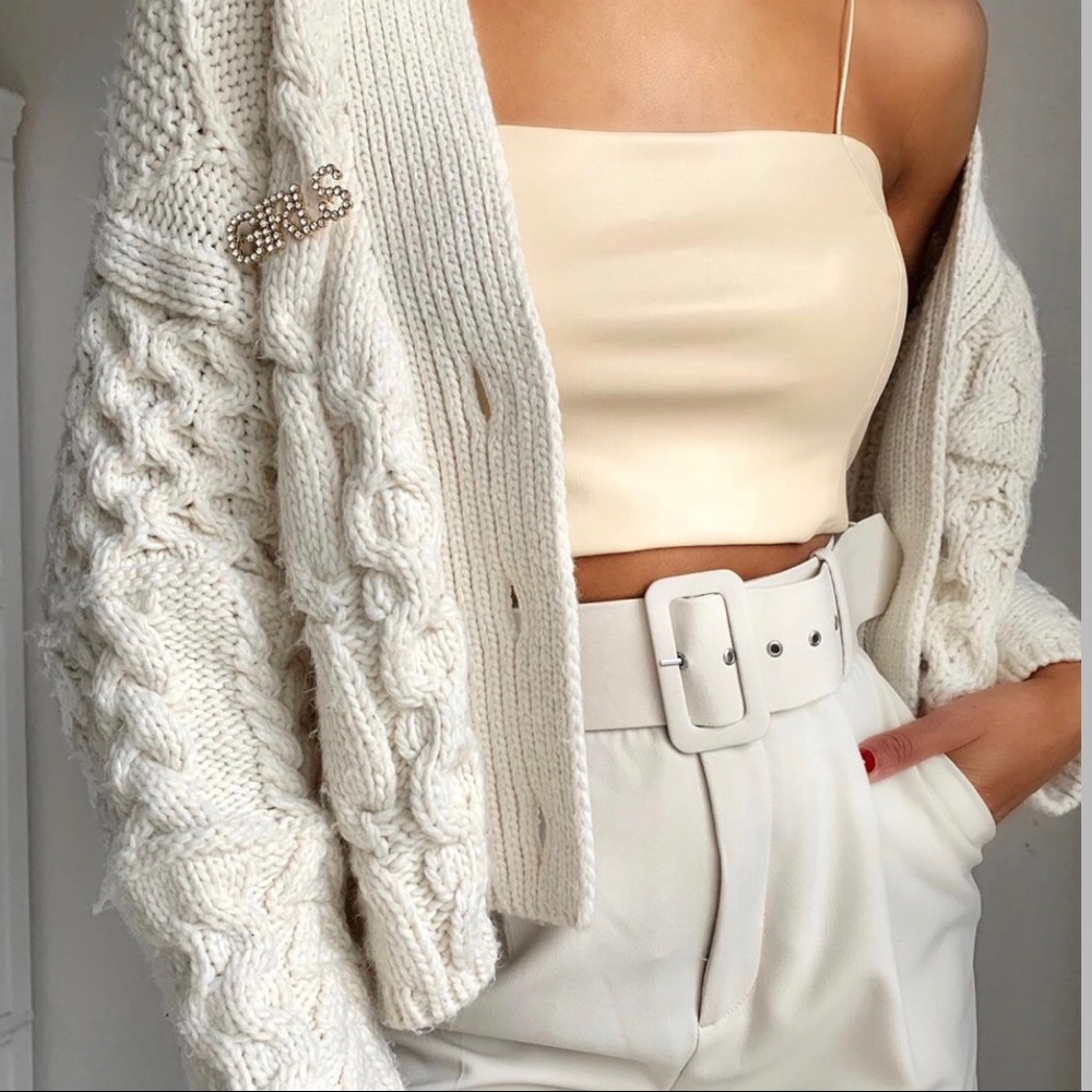 NWOT Zara High Waisted Belted Cream White Pants - Picture 3 of 11